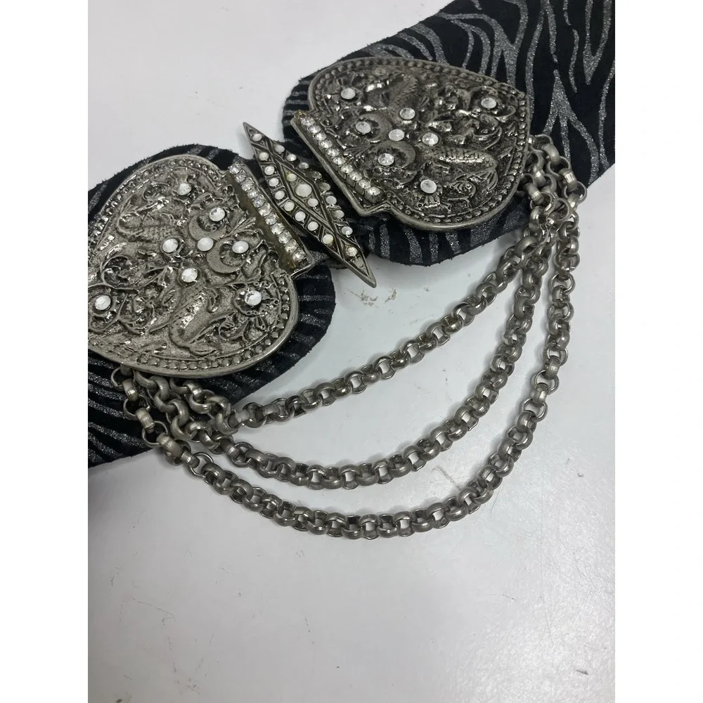VTG 1992 Nina Arjani Zebra Print Cinch Waist Statement Buckle Front Heavy Belt S